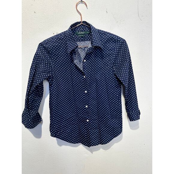 Lauren by Ralph Lauren Tops - LAUREN RALPH LAUREN Navy White Polka Dot 3/4 Sleeve Button Up Shirt size P XS